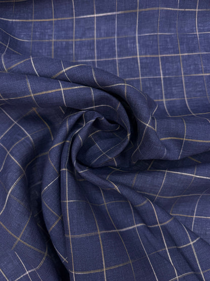 Linnen met jacquard geweven blokje blauw