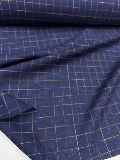 Linnen met jacquard geweven blokje blauw