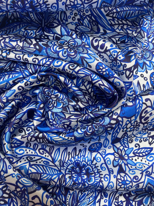 SS2024 silk satin stretch blue floral