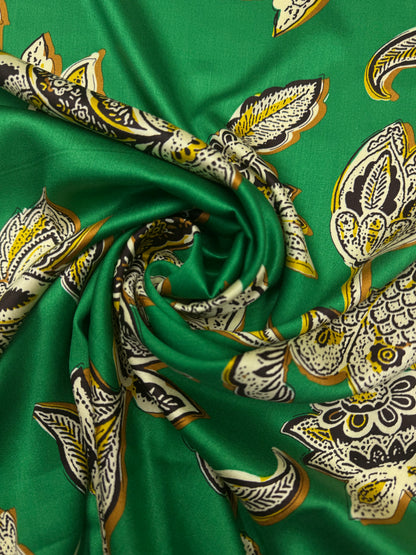 Viscose satijnbinding Paisley groen bruin