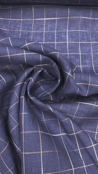 Linnen met jacquard geweven blokje blauw