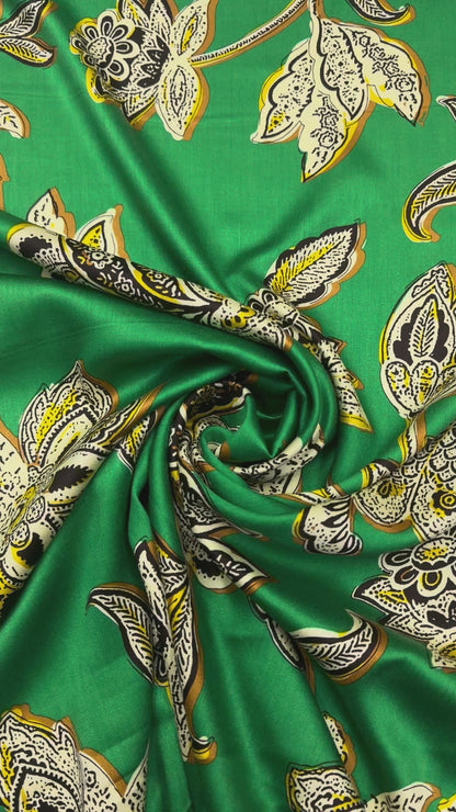 Viscose satijnbinding Paisley groen bruin