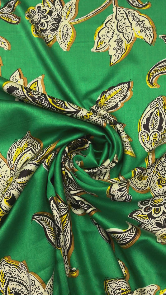 Viscose satijnbinding Paisley groen bruin
