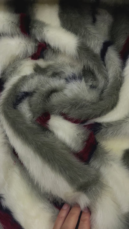 Faux Fur Bont streep rood grijs ecru